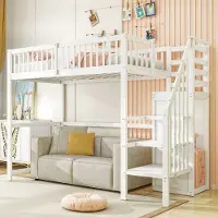 OKWISH Hoogslaper 90x200cm – Met Trap En Opbergrek – Met Kledingkast Onder De Trap – Ruimtebesparend Kinderbed – Hout – Zonder matras – Wit