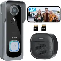 IeGeek J1 2K Draadloze Video Deurbel - 2K FHD - Accu Grijs - Op batterijen - Eenvoudige installatie - Live videogesprek - Mens- en bewegingsdetectie - Geen abonnementskosten - Incl. 64GB 32GB SD