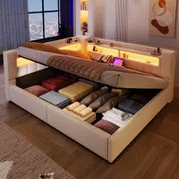 Merax Slaapbank 140 x 200 cm - met opbergruimte - met USB-C oplaadfunctie - LED-verlichting - zonder matras - beige
