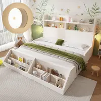 MODFU Bedframe 140x200 cm – Wit hout – Met 2 nachtlampjes & afneembaar boekenrek – 2 opbergvakken – 150 kg