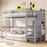 OKWISH Hoogslaper 90x200cm – Met Trap En Kledingkast – Met Opbergrek En 15 Latten – Kinderkamer – Hout – Zonder matras – Grijs