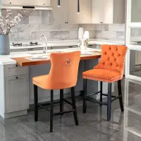 OKWISH Barkruk Set Van 2 - Hoge Rugleuning Met Knopen En Siernagels - Comfortabele Zitting - Massief Houten Poten - Fluweel - Oranje