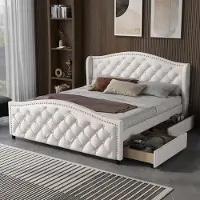 MODFU Bedframe 140x200 cm – wit PU – Chesterfield-stijl met 2 laden en lattenbodem