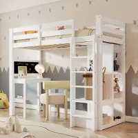 MODFU Hoogslaper 90x200 cm van hout en MDF – met bureau, krijtbord en open kast – wit – creatieve kinderkamer