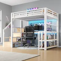 STILVORA Hoogslaper 140x200 cm – Met Bureau, Opbergrek En Hangrooster – Appgestuurde Ledverlichting – Traptreden Met Opbergruimte – Zonder Matras – Wit
