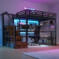 STILVORA Hoogslaper 140x200 cm – Met Bureau, Opbergtrap, Rek En Hangrooster – Led Lichtstrip Met App – Usb En Type C – Zonder matras – Metaal En MDF – Zwart