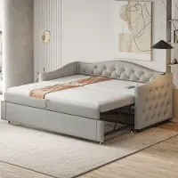 STILVORA Gestoffeerd bed 90x200 cm – Uitschuifbaar slaapbank met USB-poort & 24 latten – Sofa/gastenkamer – Linnen – Grijs – Zonder matras