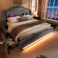 OKWISH Gestoffeerd Bed 160x200 cm - LED Sfeerverlichting en USB/Type-C - met 4 Laden - Vintage Hoofdeinde met Nieten - Fluweel - Grijs - Zonder matras