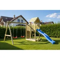 Buitenspeelgoed Keupink Houten Speeltoestel Lunoo Play+ met schommels en glijbaan