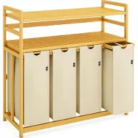 Mira Wasmand 4 Vakken - Wassorteerder - Wasmand - Bamboe Frame - Beige- ‎103cm x 41cm x 77cm