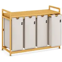 Mira Wasmand 4 Vakken - Wassorteerder - Wasmand - met Verwijderbare Waszak - Licht Grijs - 107cm x 42cm x 77cm