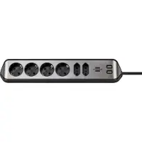 Brennenstuhl Contactdoosstrook estilo, 6-voudig, 2 USB-laadcontactdozen, IP20, kabellengte 2 m, L 365 x B 60 x D 110 mm, roestvrij staal & kunststof, zwart-zilver