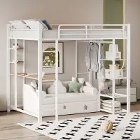 OKWISH Hoogslaper 90x200 cm – Met Bureau En Kledingrek – Met Opbergrekken – Voor Kinderkamer – Metaal En MDF – Zonder matras – Wit