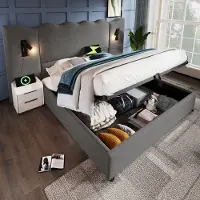 OKWISH Gestoffeerd Bed 180x200cm - Golvend Hoofdeinde met Linnen - Draaibare Leeslamp en USB-C - Hydraulisch Opbergruimte - Grijs - Zonder matras