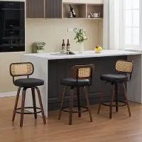 STILVORA Barkruk Set Van 3 66 Cm - Draaibaar Met Rotan Rugleuning - Comfortabele Zitting Voor Keukeneiland En Bar - PU Leer - Zwart