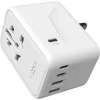 FIXED Reisadapters, Voyager 65 W reisadapter voor EU, UK en USA/AUS, met 3xUSB-C en 2xUSB uitgang, GaN, PD 65W, wit
