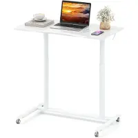 Costway Schreibtsich C-vormig met wieltjes, 70-106 cm in hoogte verstelbaar, kleine computertafel met metalen frame, mobiel staand bureau, laptoptafel, sta-zitbureau voor thuis, kantoor, wit