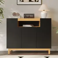 OKWISH Dressoir - 3 Deuren En Open Vak - Voor Woonkamer En Eetkamer - Spaanplaat Zwart En Houtlook - 120,5×42×96 Cm