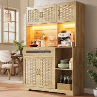 Merax Woonkamer hoge kast 120x40x180 cm - keukenkast - met lades - gevlochten kastdeuren - met LED-verlichting - staande vitrinekast