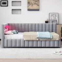 Merax Slaapbank 140x200 cm - met LED-verlichting en USB-oplaadpoort - inclusief rugleuning en hoofdbord - lichtgrijs - zonder matras