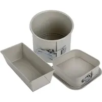 KINGHOFF Bakvormen Set - Cakepan - 3-Delig Bakvormen Set - 26 x 11.5 x 7.5 cm Rechthoekige Baktray + Ø12cm Ronde Cakepan + 27.5cm Vierkante Bakvorm - Carbon Staal - Marmeren Anti-aanbaklaag - Beige-Grijs