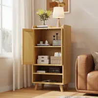 OKWISH Dressoir Highboard Met Rotan Deuren En Open Vakken Voor Woonkamer Hal Keuken Spaanplaat Naturel 60×40×121 Cm