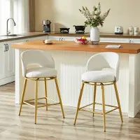 OKWISH Barstoel 360 Graden Draaibaar - Set Van 2 - Comfortabele Zitting Met Voetsteun - Voor Keuken Eiland Of Bar - Stoffen Bekleding - Beige