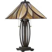 QUOIZEL Tiffany tafellamp Ashville, brons / oud-messing, Woon-/ Eetkamer, metaal, Tiffany, tafellamp