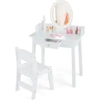 Costway - Kinderkaptafel en Stoelset - 2-in-1 Bureau, Tweekleurige LED-Spiegel, Anti-kantel - 60 x 35 x 96 cm - MDF/Grenen Hout - Wit