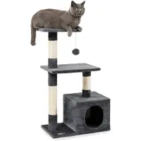 Lionto kattenkraboom, 85 cm. Compacte krab- en speelboom met hol, 2 plateaus, een pluchen bal en sisalstengels, met wandbevestiging, donkergrijs