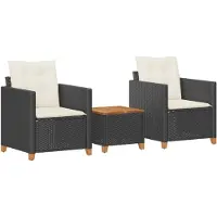 vidaXL 3-delige bistroset met kussens, zwart, polyrotan, acaciahout