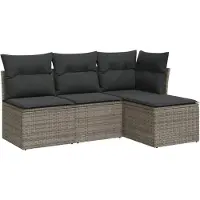 vidaXL 4-delige Loungeset met kussens poly rattan grijs