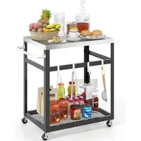 Costway Grillkar Met 2 Niveaus - Buitenkar Met Wielen - RVS - Zwart/Zilver
