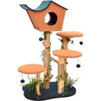 Fudajo kraboom met plantdecoratie, 135 cm. Kraboom voor katten met pluche en berkenhout, kattenhuis met speeltjes, kattenmeubel met plateaus