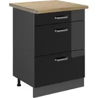 Vicco Keukenonderkast R-Line Zwart hoogglans 60 cm met laden, WB Eik, Model 47009