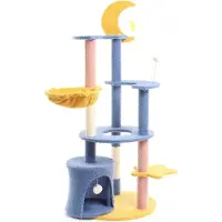Fudajo kraboom met maan en sterren, 132 cm hoog. Kraboom voor katten in blauw/geel, met kattenhuis en ligplaats. Kattenmeubel met speeltjes