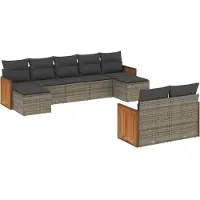 vidaXL 9-delige tuinmeubelset met kussens, grijs, polyrotan