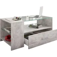 VCM Tindala salontafel met glazen blad, 1 lade, 3 plankenBetonlook.