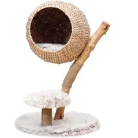 Fudajo krabpaal takdesign met kattenmand 83 cm hoog, design krabpaal met ligstoel in rietlook, krabpaal van hout met pluche
