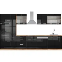 Vicco Complete keukeneenheid R-Line Eiken hoogglans zwart/goud 350 cm met hoge kast, WB Eik, Model 49836