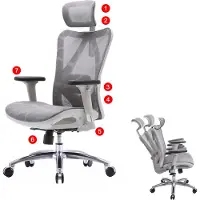 Sihoo bureaustoel bureaustoel, ergonomisch, verstelbare armleuning, 150kg belastbaar ~ grijze bekleding, wit frame