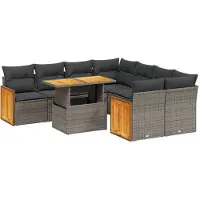 vidaXL 9-delige Loungeset met kussens poly rattan grijs