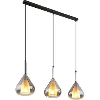 Globo Lighting hanglamp, metalen behuizing, mat zwart, rookkleurig glas, PVC-kabel, zwart, verstelbare hoogte, afmetingen: 900x200x1400 mm, exclusief 3x E27 lampen, 60W, 230V