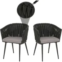 Mendler Set van 2 aluminium eetkamerstoelen -N38, armleuning binnenstoel, Olefin rope weave Touw ~ antraciet kussen lichtgrijs