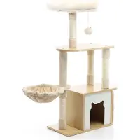 Fudajo kraboom met hout in beige, 106 cm hoog, kraboom voor katten met kattenhuis en ligplaats, kraboom met sisal, kattenmeubel met pluche
