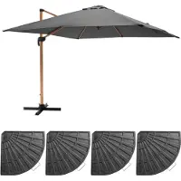 Oviala - Verstelbare parasol 3x3m en 4 grijze verzwaarde tegels met houtlook - Brescia