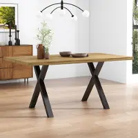 Flieks Eettafel met X-vormige poten, rechthoekige keukentafel/eettafel met metalen poten, bureau/kantoortafel, 140x80x76 cm, bruin