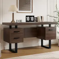 Merax bureau, 135x54 cm – Notenefen, werkblad met 2 lades en een ordnerbak, kantoorbureau van MDF met een zwarte stalen frame, geschikt voor thuiswerken