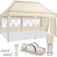 Tillvex Pavillon 3x6m - mit 3 Seitenwänden Beige wasserdicht | Pop-Up Faltpavillon höhenverstellbar | Gartenzelt UV Schutz 50+ | Partyzelt mit Tasche für Garten