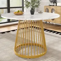 Flieks elegante ronde eettafel, keukentafel met een tafelblad van marmer en gouden metalen poten, salontafel voor de eetkamer of woonkamer